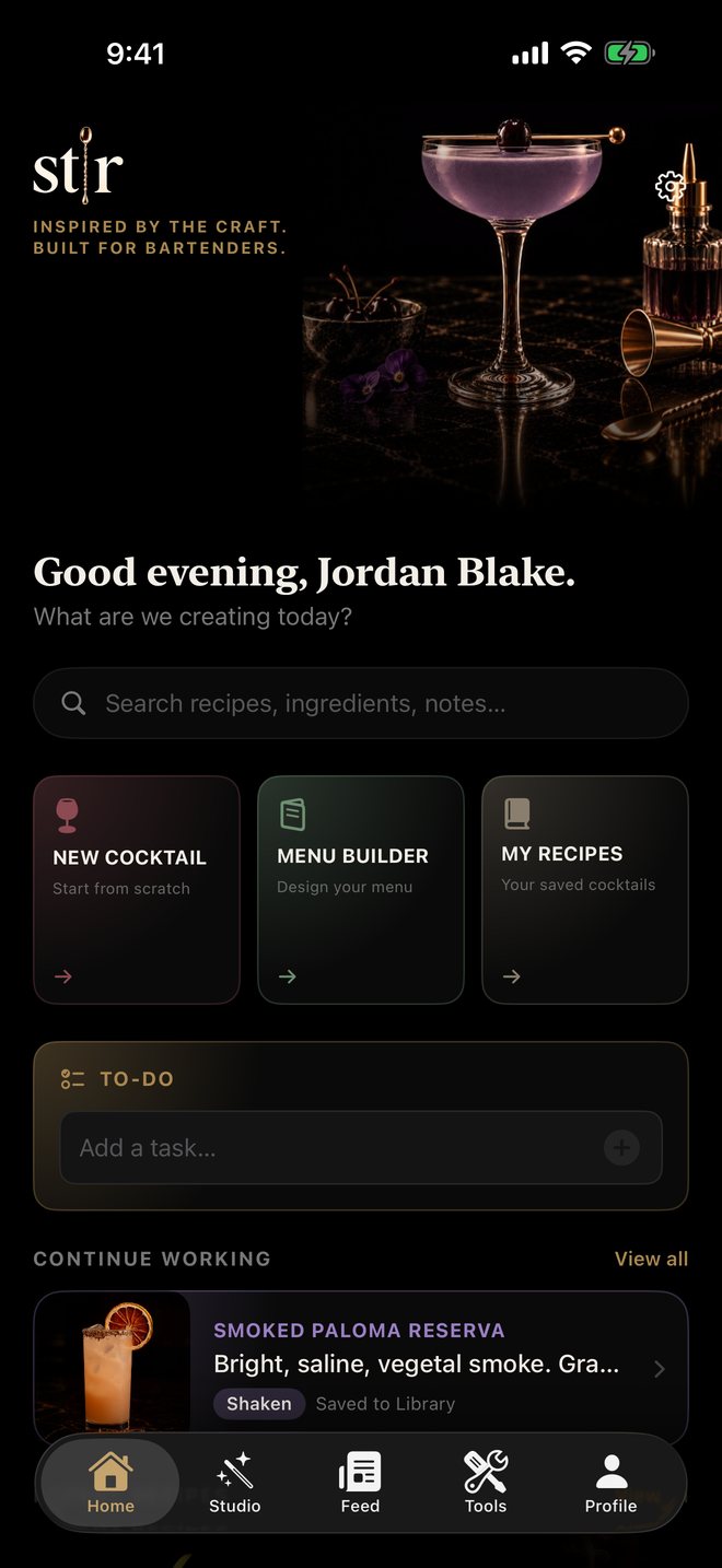 Stir home screen