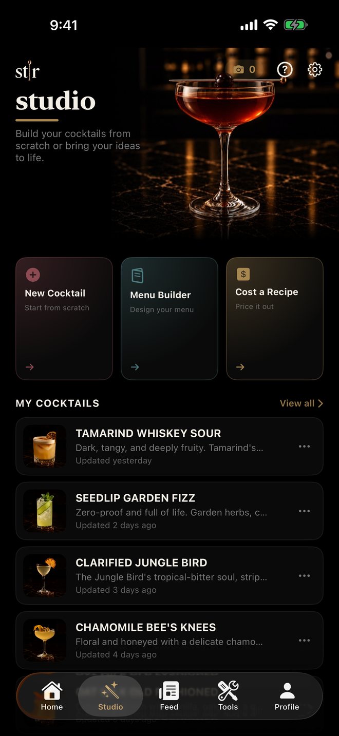 Stir Studio with saved cocktails