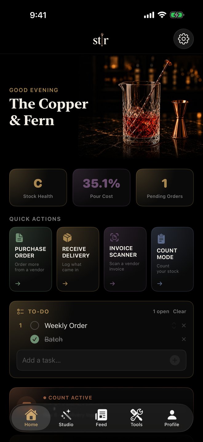 Stir Bar Manager home: stock health, pour cost, pending orders, quick actions, to-do, and the active count